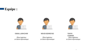 9
Equipe :
MEHDI BENREFAD
ISMAIL LARHCHIM YAHYA
CHIBANE
Élève Ingénieur
en Génie Informatique
Élève Ingénieur
en Génie Informatique
Élève Ingénieur
en Génie Informatique
 