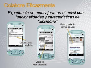 Colabore Eficazmente
 Experiencia en mensajería en el móvil con
    funcionalidades y características de
                 “Escritorio”
                                     Vista previa de
                                     correo de voz




       Caché para
      autocompletar




                        Vista de
                      conversación
 