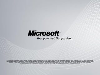 © 2010Microsoft Corporation. All rights reserved. Microsoft, Windows, Windows Vista and other product names are or may be registered trademarks and/or trademarks in the U.S. and/or other countries.
The information herein is for informational purposes only and represents the current view of Microsoft Corporation as of the date of this presentation. Because Microsoft must respond to changing market
     conditions, it should not be interpreted to be a commitment on the part of Microsoft, and Microsoft cannot guarantee the accuracy of any information provided after the date of this presentation.
                                 MICROSOFT MAKES NO WARRANTIES, EXPRESS, IMPLIED OR STATUTORY, AS TO THE INFORMATION IN THIS PRESENTATION.
 