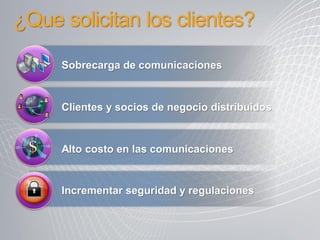 ¿Que solicitan los clientes?
     Sobrecarga de comunicaciones


     Clientes y socios de negocio distribuidos


     Alto costo en las comunicaciones


     Incrementar seguridad y regulaciones
 