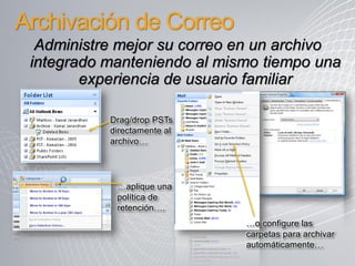 Archivación de Correo
  Administre mejor su correo en un archivo
 integrado manteniendo al mismo tiempo una
        experiencia de usuario familiar

           Drag/drop PSTs
           directamente al
           archivo…




            …aplique una
            política de
            retención….
                             …o configure las
                             carpetas para archivar
                             automáticamente…
 