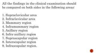 All the findings in the clinical examination should
be compared on both sides in the following areas:
1. Supraclavicular area
2. Infraclavicular area
3. Mammary region
4. Inframammary region
5. Axillary region
6. Infra-axillary region
7. Suprascapular region
8. Interscapular region
9. Infrascapular region.
 