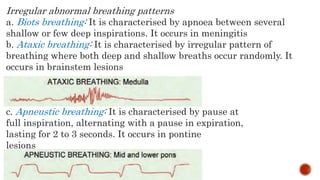 Irregular abnormal breathing patterns
a. Biots breathing: It is characterised by apnoea between several
shallow or few deep inspirations. It occurs in meningitis
b. Ataxic breathing: It is characterised by irregular pattern of
breathing where both deep and shallow breaths occur randomly. It
occurs in brainstem lesions
c. Apneustic breathing: It is characterised by pause at
full inspiration, alternating with a pause in expiration,
lasting for 2 to 3 seconds. It occurs in pontine
lesions
 