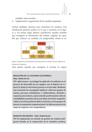 competitividad
                                                                          en Euskadi
                                                                          RSE y
                        Una aproximación desde la Innovación Social                        95

   medida/s seleccionada/s.
6. Implantación y seguimiento de las medidas adoptadas.

Existen múltiples opciones para minimizar los residuos. Una
clasificación genérica podría ser la que se presenta en la figu-
ra 4. En primer lugar, debería considerarse aquellas medidas
que consiguen la eliminación del residuo, seguidas de aque-
llas que reducen su cantidad y/o peligrosidad, siendo la úl-




Figura 4. Opciones para minimizar la producción de residuos (Fuente: Agència de
Residus de Catalunya)
tima opción aquellas que consiguen el reciclaje en origen.



 REDUCCIÓN DE LA CHATARRA ELECTRÓNICA -
 http://www.ziv.es/
 ZIV	aplicaciones	y	tecnología	ha	aplicado	el	ecodiseño	en	el	
 proceso	 de	 desarrollo	 de	 sus	 equipos	 con	 el	 objetivo	 de	 re-
 ducir	la	chatarra	electrónica	puesta	en	el	mercado.	Mediante	
 esta	actuación	ha	conseguido	implicar	a	diversos	grupos	de	
 interés,	 personas	 trabajadoras	 y	 colaboradoras,	 clientela	 y	
 empresas	proveedoras,	repercutiendo	positivamente	sobre	la	
 rentabilidad	económica	de	la	actividad,	el	nivel	de	competiti-
 vidad,	el	nivel	de	productividad,	la	relación	con	los	grupos	de	
 interés,	la	reputación	organizacional	y	la	diferenciación	de	la	
 empresa	respecto	a	sus	competidoras.



 RESIDUOS PELIGROSOS - http://www.itp.es/
 ITP	 ha	 implantado	 un	 método	 de	 gestión	 de	 residuos	 peli-
 grosos	 basado	 en	 la	 evaporación	 de	 la	 emulsión	 aceitosa,	
 