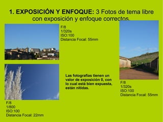1. EXPOSICIÓN Y ENFOQUE: 3 Fotos de tema libre 
con exposición y enfoque correctos. 
F/8 
1/320s 
ISO:100 
Distancia Focal: 55mm 
F/8 
1/320s 
ISO:100 
Distancia Focal: 55mm 
F/8 
1/800 
ISO:100 
Distancia Focal: 22mm 
Las fotografías tienen un 
valor de exposición 0, con 
lo cual está bien expuesta, 
están nítidas. 
 