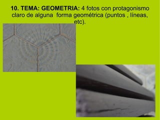 10. TEMA: GEOMETRIA: 4 fotos con protagonismo 
claro de alguna forma geométrica (puntos , líneas, 
etc). 
