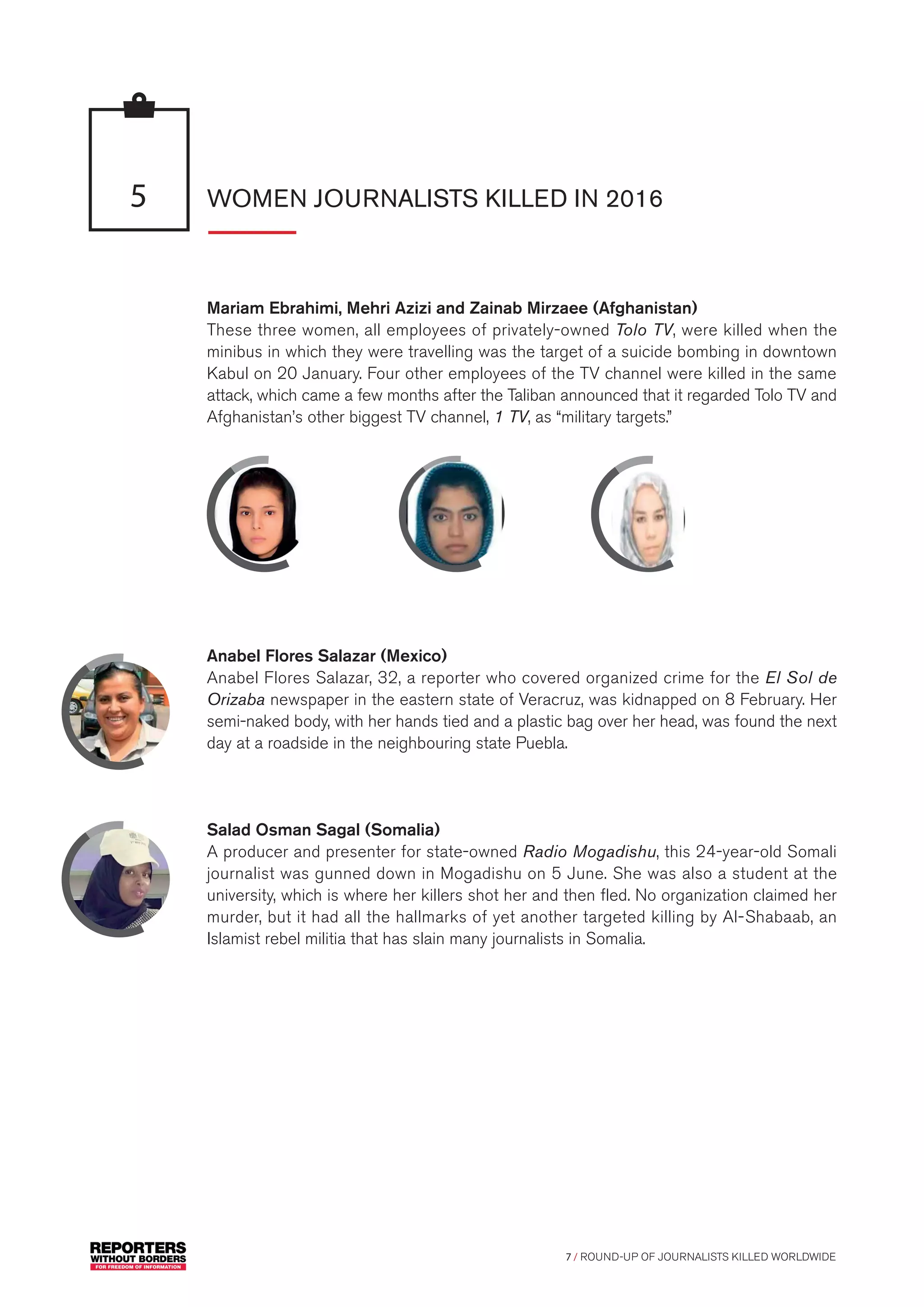 7 / ROUND-UP OF JOURNALISTS KILLED WORLDWIDE
WOMEN JOURNALISTS KILLED IN 20165
Mariam Ebrahimi, Mehri Azizi and Zainab Mirzaee (Afghanistan)
These three women, all employees of privately-owned Tolo TV, were killed when the
minibus in which they were travelling was the target of a suicide bombing in downtown
Kabul on 20 January. Four other employees of the TV channel were killed in the same
attack, which came a few months after the Taliban announced that it regarded Tolo TV and
Afghanistan’s other biggest TV channel, 1 TV, as “military targets.”
Anabel Flores Salazar (Mexico)
Anabel Flores Salazar, 32, a reporter who covered organized crime for the El Sol de
Orizaba newspaper in the eastern state of Veracruz, was kidnapped on 8 February. Her
semi-naked body, with her hands tied and a plastic bag over her head, was found the next
day at a roadside in the neighbouring state Puebla.
Salad Osman Sagal (Somalia)
A producer and presenter for state-owned Radio Mogadishu, this 24-year-old Somali
journalist was gunned down in Mogadishu on 5 June. She was also a student at the
university, which is where her killers shot her and then fled. No organization claimed her
murder, but it had all the hallmarks of yet another targeted killing by Al-Shabaab, an
Islamist rebel militia that has slain many journalists in Somalia.
 