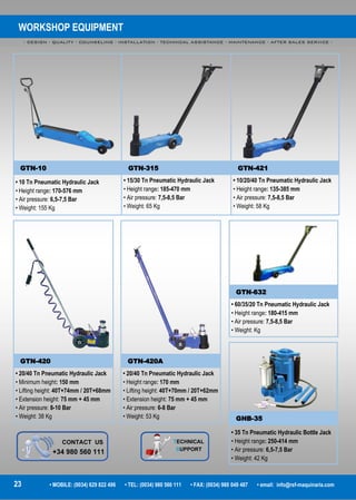 WORKSHOP EQUIPMENT
- DESIGN - QUALITY - COUNSELING - INSTALLATION - TECHNICAL ASSISTANCE - MAINTENANCE - AFTER SALES SERVICE -
23 • MOBILE: (0034) 629 822 496 • TEL: (0034) 980 560 111 • FAX: (0034) 980 049 487 • email: info@rsf-maquinaria.com
GTN-10 GTN-315 GTN-421
• 10 Tn Pneumatic Hydraulic Jack
• Height range: 170-576 mm
• Air pressure: 6,5-7,5 Bar
• Weight: 155 Kg
• 15/30 Tn Pneumatic Hydraulic Jack
• Height range: 185-470 mm
• Air pressure: 7,5-8,5 Bar
• Weight: 65 Kg
• 10/20/40 Tn Pneumatic Hydraulic Jack
• Height range: 135-385 mm
• Air pressure: 7,5-8,5 Bar
• Weight: 58 Kg
GNB-35
• 35 Tn Pneumatic Hydraulic Bottle Jack
• Height range: 250-414 mm
• Air pressure: 6,5-7,5 Bar
• Weight: 42 Kg
GTN-632
• 60/35/20 Tn Pneumatic Hydraulic Jack
• Height range: 180-415 mm
• Air pressure: 7,5-8,5 Bar
• Weight: Kg
GTN-420
• 20/40 Tn Pneumatic Hydraulic Jack
• Minimum height: 150 mm
• Lifting height: 40T+74mm / 20T+68mm
• Extension height: 75 mm + 45 mm
• Air pressure: 8-10 Bar
• Weight: 38 Kg
GTN-420A
• 20/40 Tn Pneumatic Hydraulic Jack
• Height range: 170 mm
• Lifting height: 40T+70mm / 20T+62mm
• Extension height: 75 mm + 45 mm
• Air pressure: 6-8 Bar
• Weight: 53 Kg
 