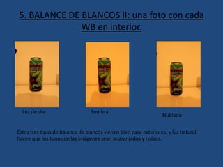 5. BALANCE DE BLANCOS II: una foto con cada
WB en interior.
Luz de día Sombra
Nublado
Estos tres tipos de balance de blancos vienen bien para exteriores, y luz natural,
hacen que los tonos de las imágenes sean anaranjados y rojizos.
 
