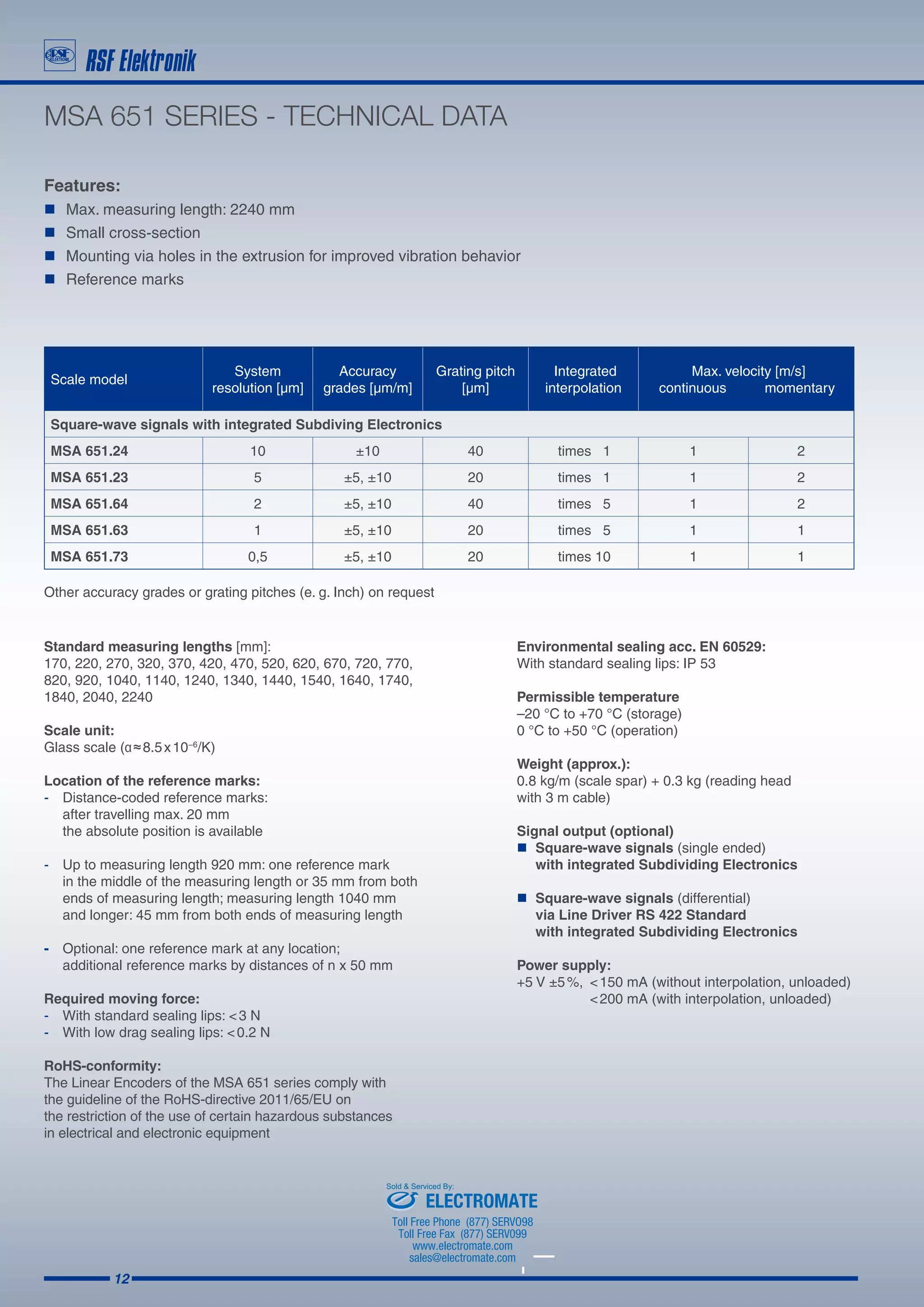 12
MSA 651 SERIES - TECHNICAL DATA
Features:
„„ Max. measuring length: 2240 mm
„„ Small cross-section
„„ Mounting via holes in the extrusion for improved vibration behavior
„„ Reference marks
Standard measuring lengths [mm]:
170, 220, 270, 320, 370, 420, 470, 520, 620, 670, 720, 770,
820, 920, 1040, 1140, 1240, 1340, 1440, 1540, 1640, 1740,
1840, 2040, 2240
Scale unit:
Glass scale (α ≈ 8.5 x 10−6
/K)
Location of the reference marks:
-	 Distance-coded reference marks:
	 after travelling max. 20 mm
	 the absolute position is available
-	 Up to measuring length 920 mm: one reference mark
	 in the middle of the measuring length or 35 mm from both
	 ends of measuring length; measuring length 1040 mm
	 and longer: 45 mm from both ends of measuring length
-	 Optional: one reference mark at any location;
	 additional reference marks by distances of n x 50 mm 	
Required moving force:
-	 With standard sealing lips: < 3 N
-	 With low drag sealing lips: < 0.2 N
RoHS-conformity:
The Linear Encoders of the MSA 651 series comply with
the guideline of the RoHS-directive 2011/65/EU on
the restriction of the use of certain hazardous substances
in electrical and electronic equipment
Environmental sealing acc. EN 60529:
With standard sealing lips: IP 53
Permissible temperature
–20 °C to +70 °C (storage)
0 °C to +50 °C (operation)
Weight (approx.):
0.8 kg/m (scale spar) + 0.3 kg (reading head
with 3 m cable)
Signal output (optional)
	 Square-wave signals (single ended)
	 with integrated Subdividing Electronics
	 Square-wave signals (differential)
	 via Line Driver RS 422 Standard
	 with integrated Subdividing Electronics	
Power supply:
+5 V ±5 %,	 < 150 mA (without interpolation, unloaded)
		 < 200 mA (with interpolation, unloaded)
	
Scale model
System
resolution [µm]
Accuracy
grades [µm/m]
Grating pitch
[µm]
Integrated
interpolation
		Max. velocity [m/s]
	 continuous		momentary
Square-wave signals with integrated Subdiving Electronics
MSA 651.24 10 ±10 40 	 times1 1 2
MSA 651.23 5 ±5, ±10 20 	 times1 1 2
MSA 651.64 2 ±5, ±10 40 	 times5 1 2
MSA 651.63 1 ±5, ±10 20 	 times5 1 1
MSA 651.73 0,5 ±5, ±10 20 	 times10 1 1
Other accuracy grades or grating pitches (e. g. Inch) on request
ELECTROMATE
Toll Free Phone (877) SERVO98
Toll Free Fax (877) SERV099
www.electromate.com
sales@electromate.com
Sold  Serviced By:
 
