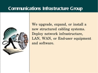 Communications Infrastructure Group


           We upgrade, expand, or install a
           new structured cabling systems.
           Deploy network infrastructure,
           LAN, WAN, or End-user equipment
           and software.
 