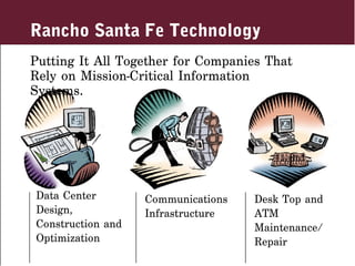 Rancho Santa Fe Technology
Putting It All Together for Companies That
Rely on Mission-Critical Information
Systems.




Data Center        Communications   Desk Top and
Design,            Infrastructure   ATM
Construction and                    Maintenance/
Optimization                        Repair
 