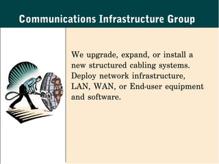Communications Infrastructure Group


          We upgrade, expand, or install a
          new structured cabling systems.
          Deploy network infrastructure,
          LAN, WAN, or End-user equipment
          and software.
 