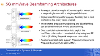 Communication Systems & Networks
© CSN Group 2015
5G mmWave Beamforming Architectures
11
• Analogue beamforming is a low cost option to support
a single single user with a single spatial stream.
• Digital beamforming offers greater flexibility but is cost
prohibitive (too many radio chains).
• The benefits of spatial multiplexing and beamforming
can be combined with Hybrid beamforming.
• One possible implementation is to exploit the
mmWave polarization characteristics by using two RF
chains (doubling the peak single user data rate).
• Another approach is to support N concurrent users via
N spatial beams (multi-user MIMO).
 