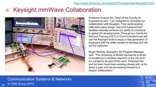 Communication Systems & Networks
© CSN Group 2015
Keysight mmWave Collaboration
26
Professor Andrew Nix, Dean of the Faculty of
Engineering said: “I am delighted to formalise our
collaboration with Keysight. Their world-leading
millimetre-wave design, test and measurement
facilities radically enhance our ability to contribute
to global 5G developments. Through our Centre for
Doctoral Training (CDT) in Communications we will
use the Keysight tools to equip a new generation of
engineers with the skills needed to develop and roll-
out 5G networks.”
Roger Nichols, Keysight’s 5G Program Manager,
said: “The University of Bristol represents a centre
of excellence in wireless research in the UK and I
am excited to be part of this work. Professor Nix
and his team have been working closely with us for
about a year and we are looking forward to a
deeper collaboration.”
http://www.bristol.ac.uk/news/2015/september/keysight.html
 