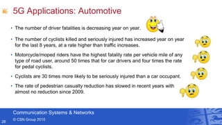 Communication Systems & Networks
© CSN Group 2015
5G Applications: Automotive
28
• The number of driver fatalities is decreasing year on year.
• The number of cyclists killed and seriously injured has increased year on year
for the last 8 years, at a rate higher than traffic increases.
• Motorcycle/moped riders have the highest fatality rate per vehicle mile of any
type of road user, around 50 times that for car drivers and four times the rate
for pedal cyclists.
• Cyclists are 30 times more likely to be seriously injured than a car occupant.
• The rate of pedestrian casualty reduction has slowed in recent years with
almost no reduction since 2009.
 