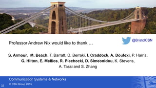 Communication Systems & Networks
© CSN Group 2015
32
Professor Andrew Nix would like to thank …
@BristolCSN
S. Armour, M. Beach, T. Barratt, D. Berraki, I. Craddock, A. Doufexi, P. Harris,
G. Hilton, E. Mellios, R. Piechocki, D. Simeonidou, K. Stevens,
A. Tassi and S. Zhang
 