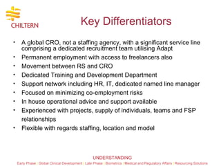 Key Differentiators A global CRO, not a staffing agency, with a significant service line comprising a dedicated recruitment team utilising Adapt Permanent employment with access to freelancers also Movement between RS and CRO Dedicated Training and Development Department Support network including HR, IT, dedicated named line manager Focused on minimizing co-employment risks In house operational advice and support available Experienced with projects, supply of individuals, teams and FSP relationships Flexible with regards staffing, location and model 