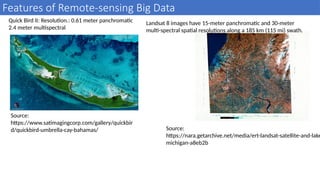 Features of Remote-sensing Big Data
8
Quick Bird II: Resolution.: 0.61 meter panchromatic
2.4 meter multispectral
Source:
https://www.satimagingcorp.com/gallery/quickbir
d/quickbird-umbrella-cay-bahamas/ Source:
https://nara.getarchive.net/media/ert-landsat-satellite-and-lake
michigan-a8eb2b
Landsat 8 images have 15-meter panchromatic and 30-meter
multi-spectral spatial resolutions along a 185 km (115 mi) swath.
 