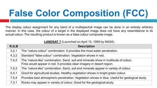 False Color Composition (FCC)
The display colour assignment for any band of a multispectral image can be done in an entirely arbitrary
manner. In this case, the colour of a target in the displayed image does not have any resemblance to its
actual colour. The resulting product is known as a false colour composite image.
LANDSAT 7 (Launched on April 15, 1999 by NASA)
R,G,B Description
3,2,1 The “nature colour” combination. It provides the most water penetration.
4,3,2 Standard “false-colour” combination. Vegetation shows in red.
7,4,2 The “nature-like” combination. Sand, soil and minerals show in multitude of colour.
Fires would appear in red. It provides clear imagery in desert region.
7,5,3 The “nature-like” combination. Sand, soil and minerals appear in variety of colour.
5,4,1 Good for agricultural studies. Healthy vegetation shows in bright green colour.
7,5,4 Provides best atmospheric penetration. Vegetation shows in blue. Useful for geological study.
7,3,1 Rocks may appear in variety of colour. Good for the geological study.
 
