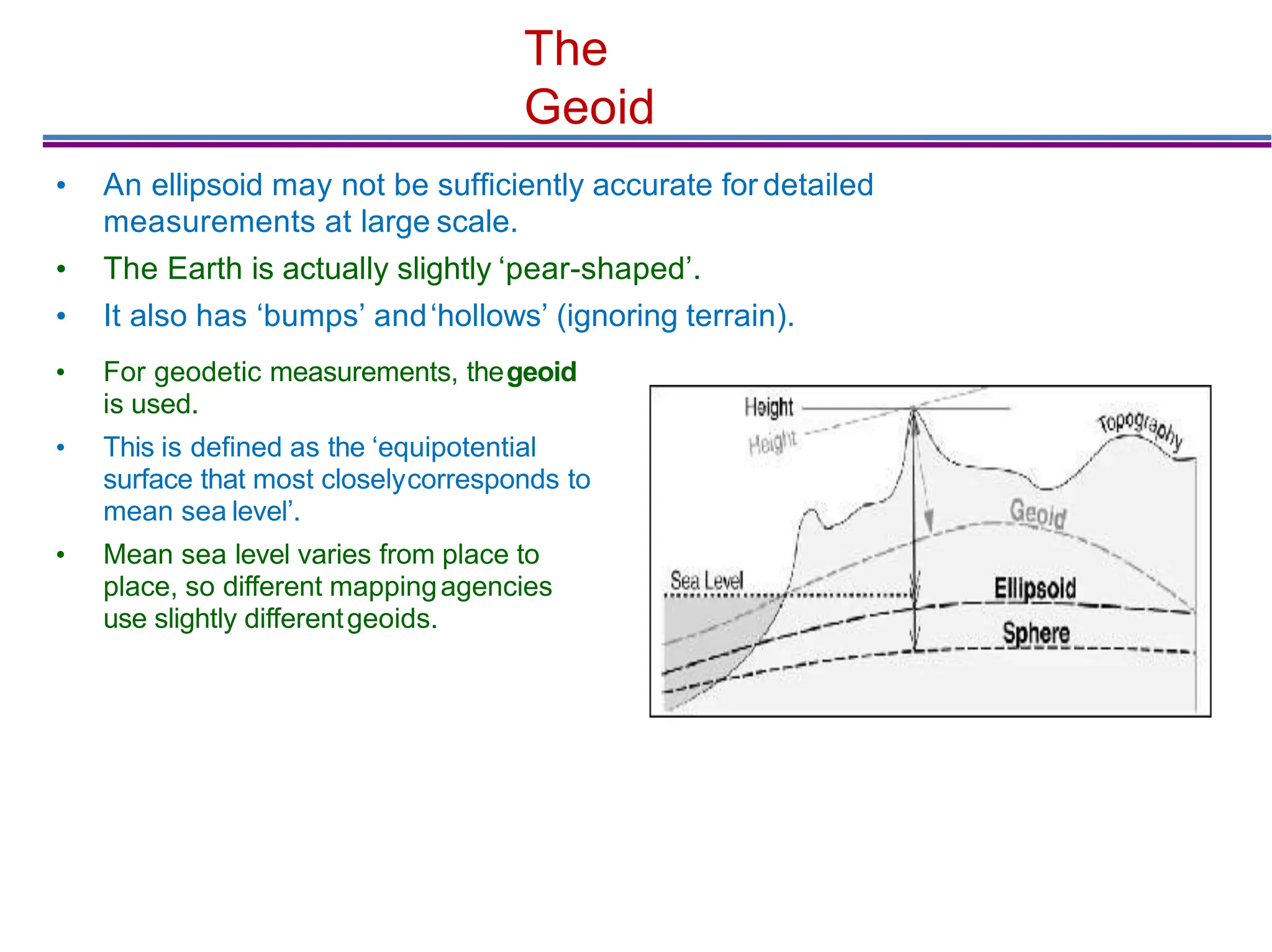 The
Geoid
• An ellipsoid may not be sufﬁciently accurate for detailed
measurements at large scale.
• The Earth is actually slightly ‘pear-shaped’.
• It also has ‘bumps’ and‘hollows’ (ignoring terrain).
• For geodetic measurements, thegeoid
is used.
• This is defined as the ‘equipotential
surface that most closelycorresponds to
mean sea level’.
• Mean sea level varies from place to
place, so different mappingagencies
use slightly differentgeoids.
 