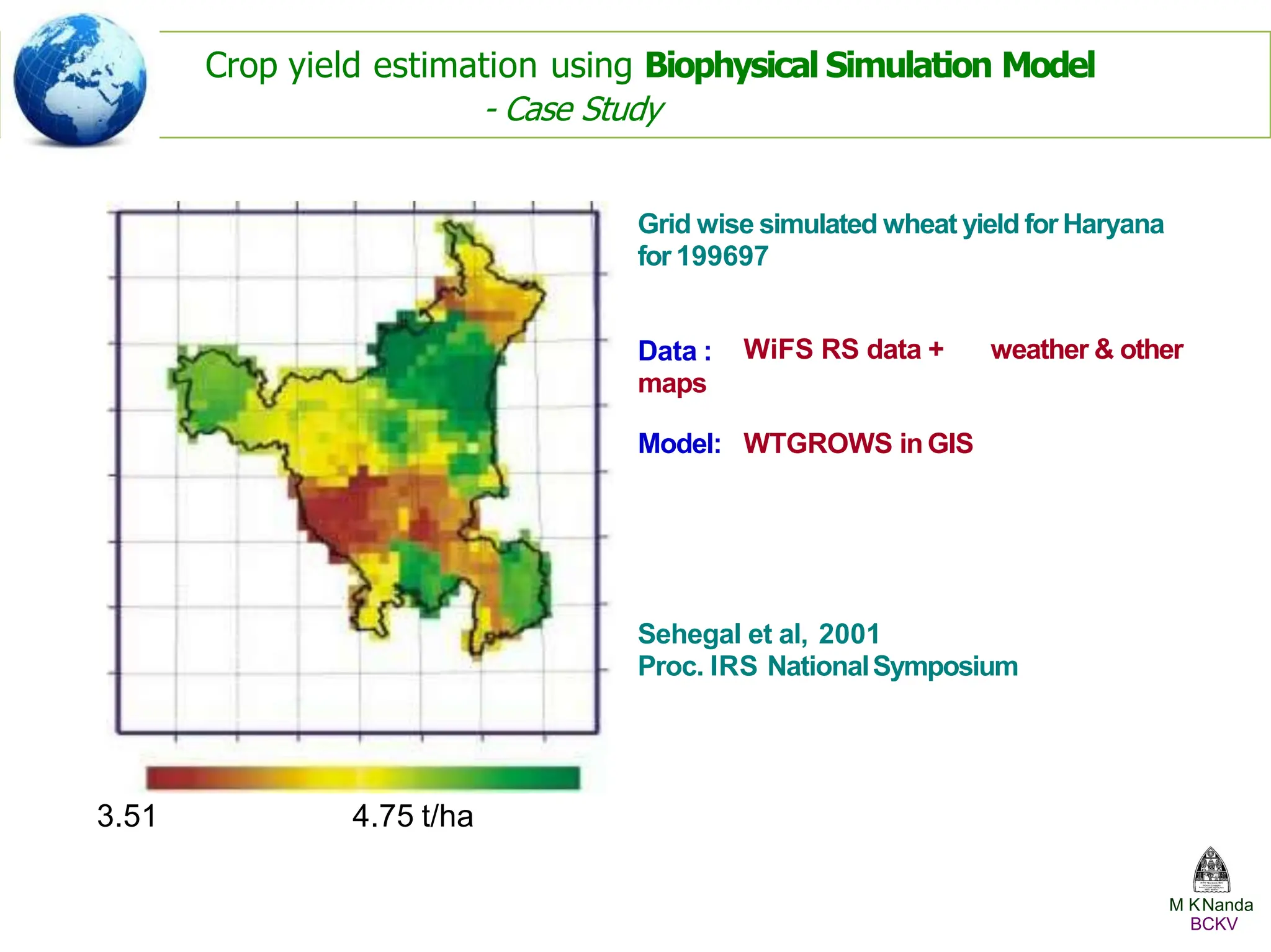 3.51 4.75 t/ha
Grid wise simulated wheat yield for Haryana
for 199697
Data :
maps
WiFS RS data + weather & other
Model: WTGROWS inGIS
Sehegal et al, 2001
Proc. IRS NationalSymposium
Crop yield estimation using Biophysical Simulation Model
- Case Study
M KNanda
BCKV
 