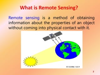 2
What is Remote Sensing?
Remote sensing is a method of obtaining
information about the properties of an object
without coming into physical contact with it.
 