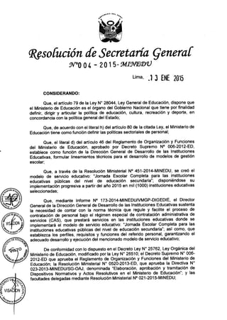 Rsg n° 004 2015-minedu normas y criterios para la contratación de personal bajo el régimen especial de  cas en el marco de la implementación del modelo de servicio educativo jec