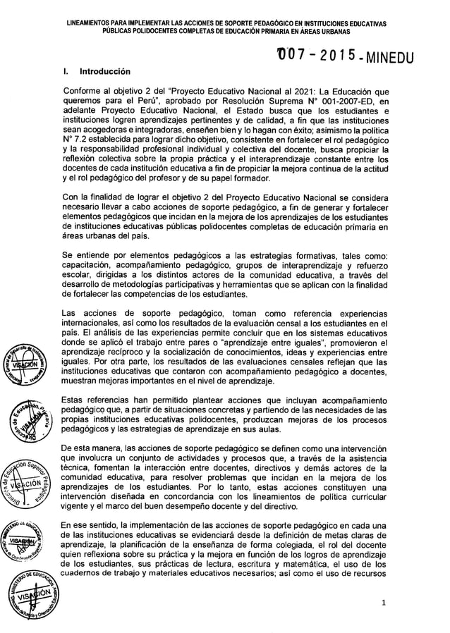 Rsg n° 007 2015minedu lineamientos para implementar las acciones de soporte pedagógico de Rsg n° 007 2015minedu lineamientos para implementar las acciones de soporte pedagógico de