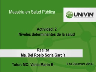 Maestría en Salud Pública
Actividad: 2
Niveles determinantes de la salud
6 de Diciembre 2018.|
Realiza
Ma. Del Rosio Soria García
Tutor: MC: Vania Marín R
 