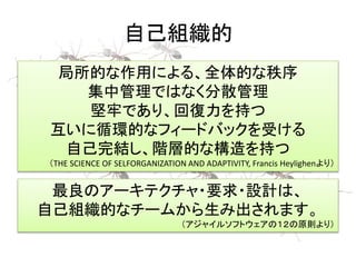 自己組織的
最良のアーキテクチャ・要求・設計は、
自己組織的なチームから生み出されます。
（アジャイルソフトウェアの１２の原則より）
局所的な作用による、全体的な秩序
集中管理ではなく分散管理
堅牢であり、回復力を持つ
互いに循環的なフィードバックを受ける
自己完結し、階層的な構造を持つ
（THE SCIENCE OF SELFORGANIZATION AND ADAPTIVITY, Francis Heylighenより）
 
