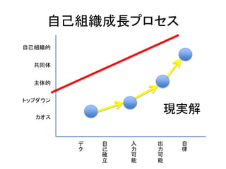 自己組織成長プロセス
デ
ク
自
己
確
立
入
力
可
能
出
力
可
能
自
律
カオス
トップダウン
主体的
共同体
自己組織的
現実解
 