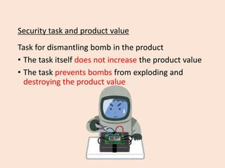 Security task and product value
Task for dismantling bomb in the product
• The task itself does not increase the product v...