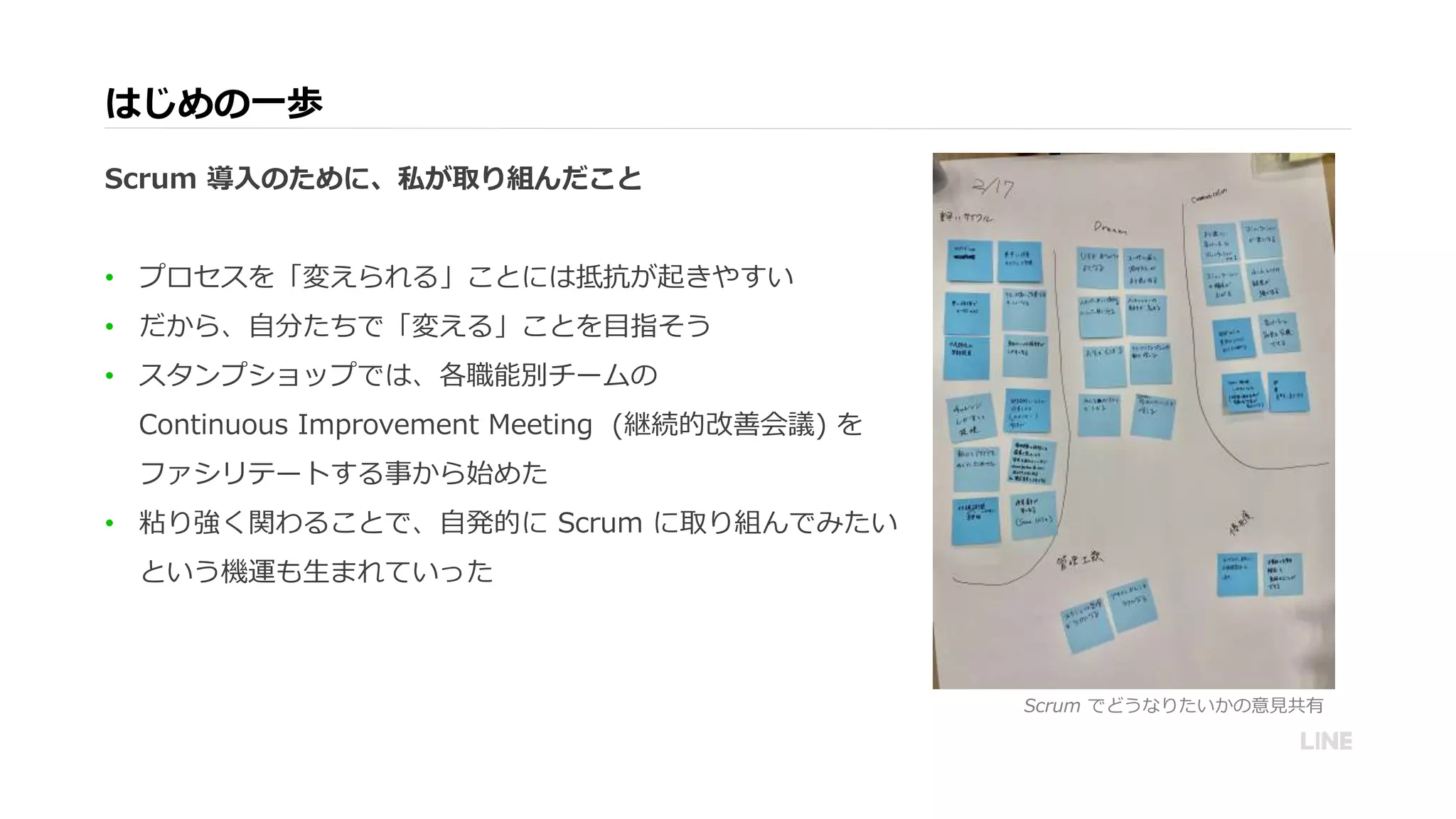 はじめの一歩
Scrum 導入のために、私が取り組んだこと
• プロセスを「変えられる」ことには抵抗が起きやすい
• だから、自分たちで「変える」ことを目指そう
• スタンプショップでは、各職能別チームの
Continuous Improvement Meeting (継続的改善会議) を
ファシリテートする事から始めた
• 粘り強く関わることで、自発的に Scrum に取り組んでみたい
という機運も生まれていった
Scrum でどうなりたいかの意見共有
 