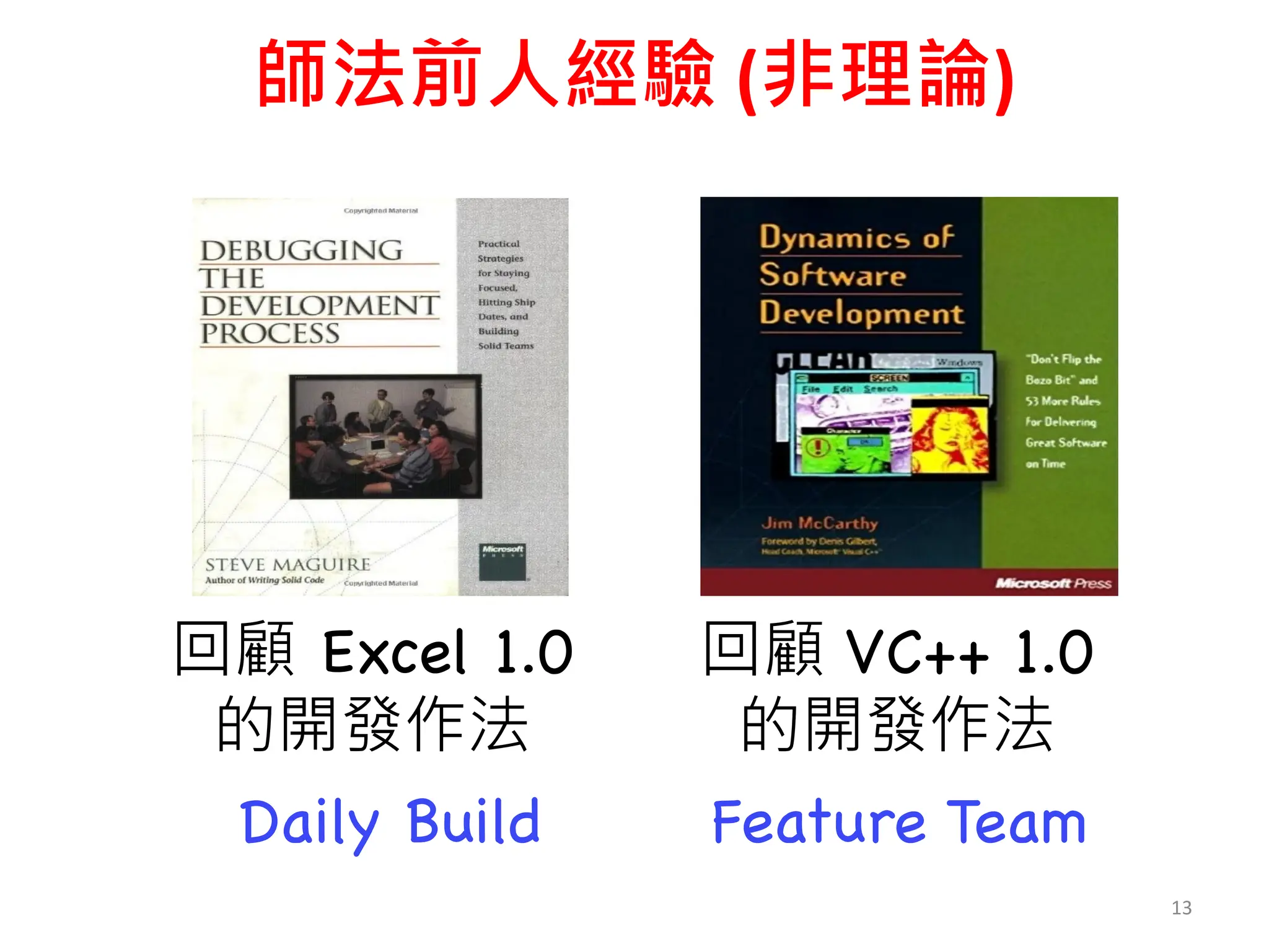 師法前人經驗 (非理論)
13
回顧 Excel 1.0
的開發作法
回顧 VC++ 1.0
的開發作法
Daily Build Feature Team
 