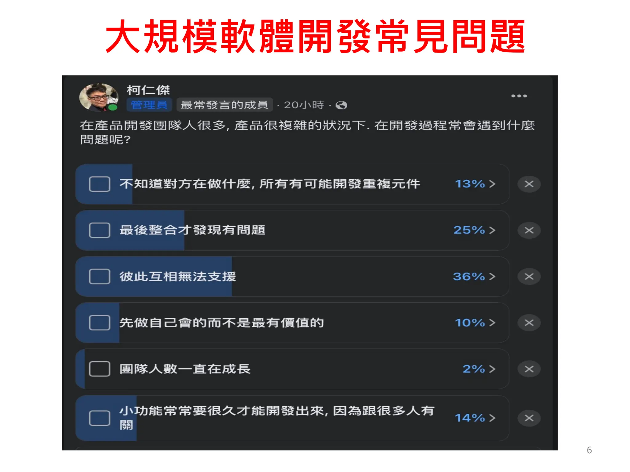 大規模軟體開發常見問題
6
 