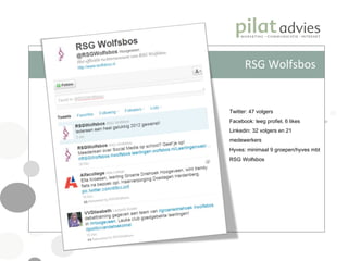 RSG Wolfsbos Twitter: 47 volgers Facebook: leeg profiel, 6 likes Linkedin: 32 volgers en 21 medewerkers Hyves: minimaal 9 groepen/hyves mbt RSG Wolfsbos 