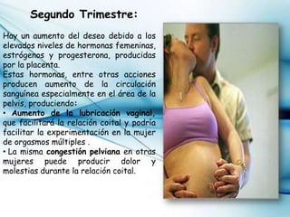 Segundo Trimestre:
Hay un aumento del deseo debido a los
elevados niveles de hormonas femeninas,
estrógenos y progesterona, producidas
por la placenta.
Estas hormonas, entre otras acciones
producen aumento de la circulación
sanguínea especialmente en el área de la
pelvis, produciendo:
• Aumento de la lubricación vaginal,
que facilitará la relación coital y podría
facilitar la experimentación en la mujer
de orgasmos múltiples .
• La misma congestión pelviana en otras
mujeres puede producir dolor y
molestias durante la relación coital.
 