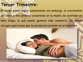 Tercer Trimestre:
El deseo puede seguir aumentando; sin embargo, el crecimiento
del bebé y los cambios corporales en la madre se acentúan en
esta etapa, lo que puede generar más cansancio. Se deben
escoger posiciones que no produzcan presión en el abdomen.
 