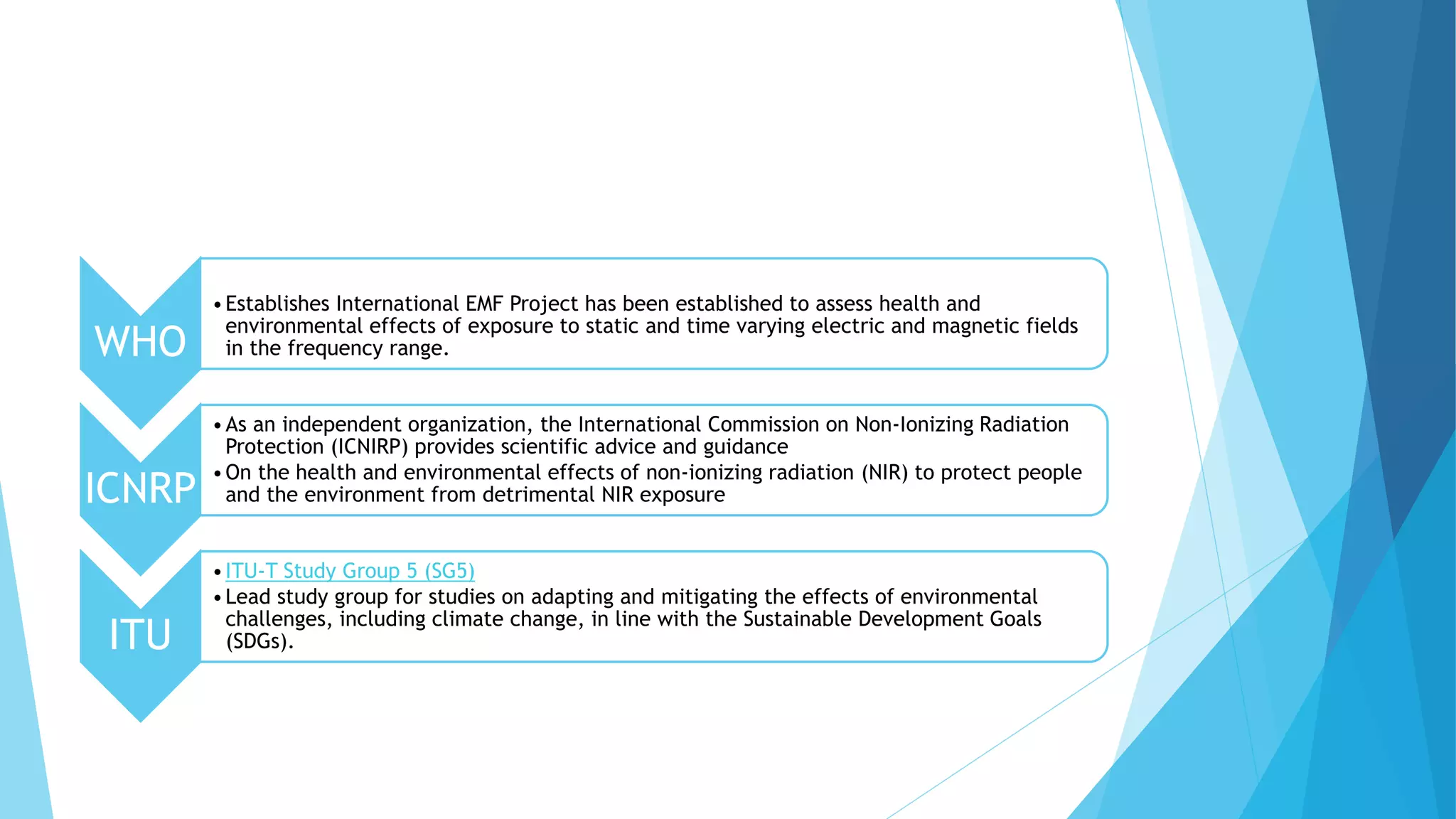 WHO
•Establishes International EMF Project has been established to assess health and
environmental effects of exposure to static and time varying electric and magnetic fields
in the frequency range.
ICNRP
•As an independent organization, the International Commission on Non-Ionizing Radiation
Protection (ICNIRP) provides scientific advice and guidance
•On the health and environmental effects of non-ionizing radiation (NIR) to protect people
and the environment from detrimental NIR exposure
ITU
•ITU-T Study Group 5 (SG5)
•Lead study group for studies on adapting and mitigating the effects of environmental
challenges, including climate change, in line with the Sustainable Development Goals
(SDGs).
 