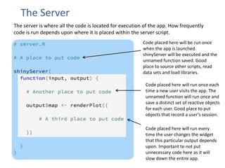 The Server
The server is where all the code is located for execution of the app. How frequently
code is run depends upon where it is placed within the server script.
Code placed here will be run once
when the app is launched.
shinyServer will be executed and the
unnamed function saved. Good
place to source other scripts, read
data sets and load libraries.
Code placed here will run once each
time a new user visits the app. The
unnamed function will run once and
save a distinct set of reactive objects
for each user. Good place to put
objects that record a user’s session.
Code placed here will run every
time the user changes the widget
that this particular output depends
upon. Important to not put
unnecessary code here as it will
slow down the entire app.
 