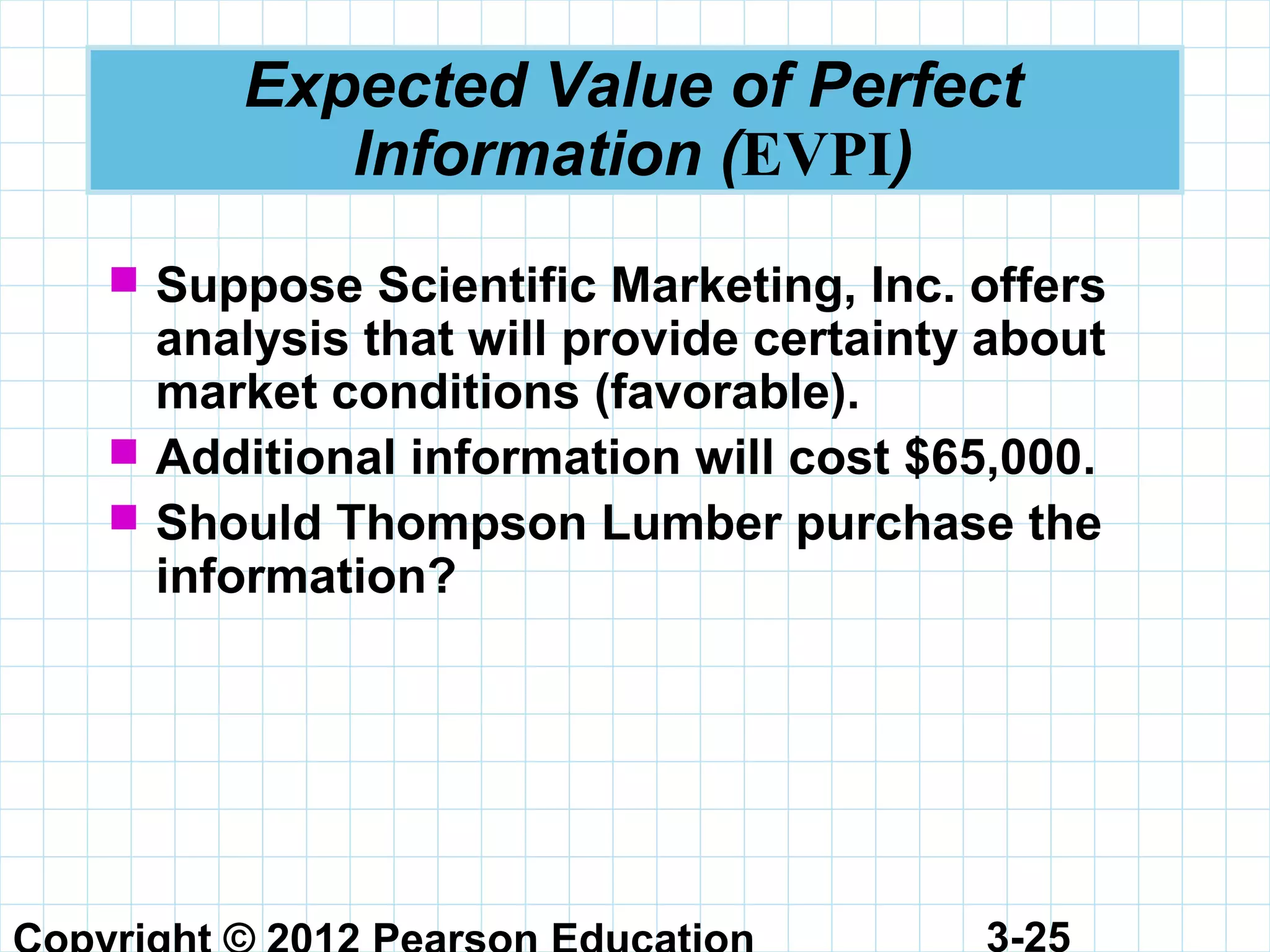 3-25
Expected Value of Perfect
Information (EVPI)
 Suppose Scientific Marketing, Inc. offers
analysis that will provide certainty about
market conditions (favorable).
 Additional information will cost $65,000.
 Should Thompson Lumber purchase the
information?
 