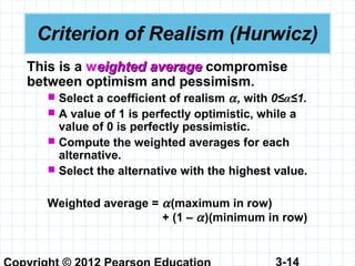 3-14
Criterion of Realism (Hurwicz)
This is a weightedeighted averageaverage compromise
between optimism and pessimism.
 Select a coefficient of realism α, with 0≤α≤1.
 A value of 1 is perfectly optimistic, while a
value of 0 is perfectly pessimistic.
 Compute the weighted averages for each
alternative.
 Select the alternative with the highest value.
Weighted average = α(maximum in row)
+ (1 – α)(minimum in row)
 