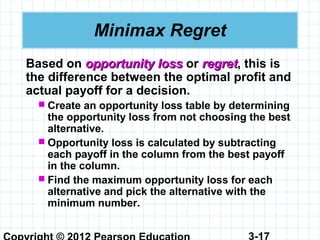 3-17
Minimax Regret
Based on opportunity lossopportunity loss or regretregret, this is
the difference between the optimal profit and
actual payoff for a decision.
 Create an opportunity loss table by determining
the opportunity loss from not choosing the best
alternative.
 Opportunity loss is calculated by subtracting
each payoff in the column from the best payoff
in the column.
 Find the maximum opportunity loss for each
alternative and pick the alternative with the
minimum number.
 