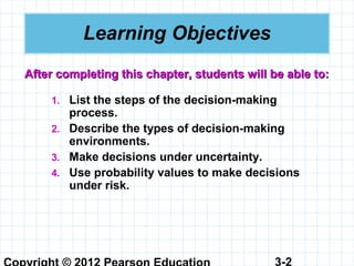 3-2
Learning Objectives
1. List the steps of the decision-making
process.
2. Describe the types of decision-making
environments.
3. Make decisions under uncertainty.
4. Use probability values to make decisions
under risk.
After completing this chapter, students will be able to:After completing this chapter, students will be able to:
 