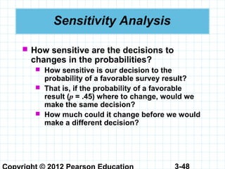 3-48
Sensitivity Analysis
 How sensitive are the decisions to
changes in the probabilities?
 How sensitive is our decision to the
probability of a favorable survey result?
 That is, if the probability of a favorable
result (p = .45) where to change, would we
make the same decision?
 How much could it change before we would
make a different decision?
 