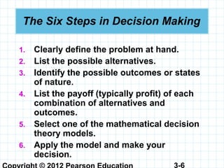 3-6
The Six Steps in Decision Making
1. Clearly define the problem at hand.
2. List the possible alternatives.
3. Identify the possible outcomes or states
of nature.
4. List the payoff (typically profit) of each
combination of alternatives and
outcomes.
5. Select one of the mathematical decision
theory models.
6. Apply the model and make your
decision.
 