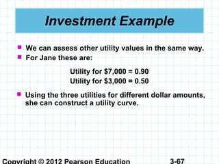 3-67
Investment Example
Utility for $7,000 = 0.90
Utility for $3,000 = 0.50
 We can assess other utility values in the same way.
 For Jane these are:
 Using the three utilities for different dollar amounts,
she can construct a utility curve.
 