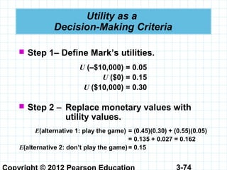 3-74
Utility as a
Decision-Making Criteria
 Step 1– Define Mark’s utilities.
U (–$10,000) = 0.05
U ($0) = 0.15
U ($10,000) = 0.30
 Step 2 – Replace monetary values with
utility values.
E(alternative 1: play the game) = (0.45)(0.30) + (0.55)(0.05)
= 0.135 + 0.027 = 0.162
E(alternative 2: don’t play the game) = 0.15
 