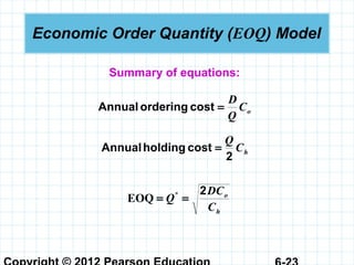 Economic Order Quantity (EOQ) Model
hC
Q
2
costholdingAnnual =
oC
Q
D
=costorderingAnnual
h
o
C
DC
Q
2
== *
EOQ
Summary of equations:
 